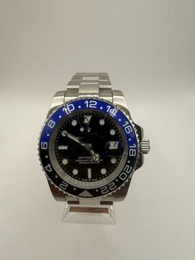 Stainless Steel Men's GMT Watch with Black Dial and Blue Bezel